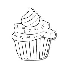 Black line cupcake on white silhouette and gray shadow. Hand drawn cartoon style. Doodle for coloring, decoration or any design. Vector illustration of kid art.