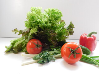 fresh vegetables and greens on the boards, food close up