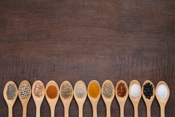 Various spices in wooden spoon on wood table background - 423916821