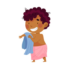Little African American Boy Standing with Towel Drying Himself after Having a Shower Vector Illustration