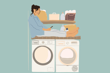 A pretty woman sitting in the washing machine and using a phone while waiting at the end of the wash cycle. Housewife doing routine. Baskets and detergents on the shelves. Vector illustration