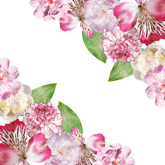 Beautiful floral background of alstroemeria, peony and carnation. Isolated