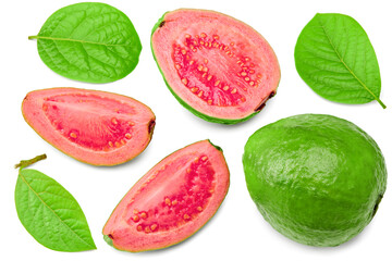 guava with slice isolated on white background. clipping path. top view