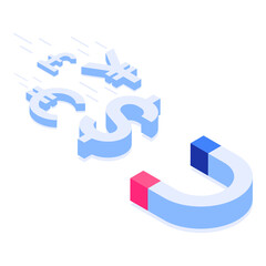 The magnet attracts money. The concept of attracting money, investments. 3d icons of dollar, euro, yen, pound. Magnet and different currencies.Vector illustration in modern isometric style.