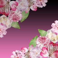 Beautiful floral background of alstroemeria, peony and carnation. Isolated