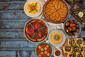 Many traditional foods on the table. Fasting time at the ramadan month. Prepared table for iftar 