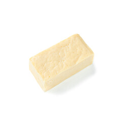 A piece of rectangular cheese without packaging. View from above. White background. Isolated.