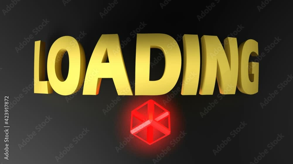 Poster the write loading in yellow letters, on black background, with a red lighted glowing cube rotating -