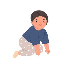 Happy baby crawling. Little child moving on knees and hands. Portrait of smiling kid in home clothes. Flat vector illustration of lovely adorable boy isolated on white background