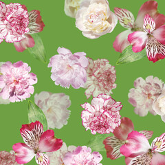 Beautiful floral background of alstroemeria, peony and carnation. Isolated