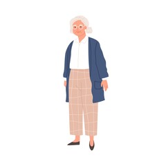 Happy aged gray-haired woman in eyewear and stylish casual clothes. Smiling senior granny in modern outfit. Colored flat vector illustration of retired female character isolated on white background