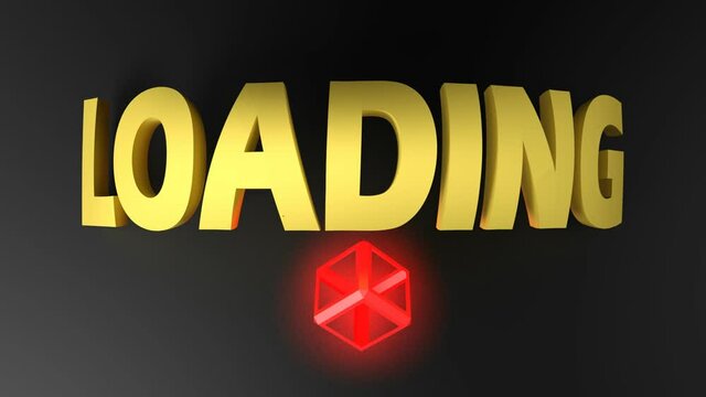 The write LOADING in yellow letters, on black background, with a red lighted glowing cube rotating - 3D rendering video clip animation