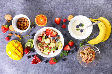 healthy eating, breakfast with fruit, granola and yogurt