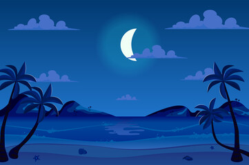 Moonlight night at seashore landscape background in flat cartoon style. Moon in sky above sea beach with palm trees. Paradise ocean island vacation. Nature scenery. Vector illustration of web banner