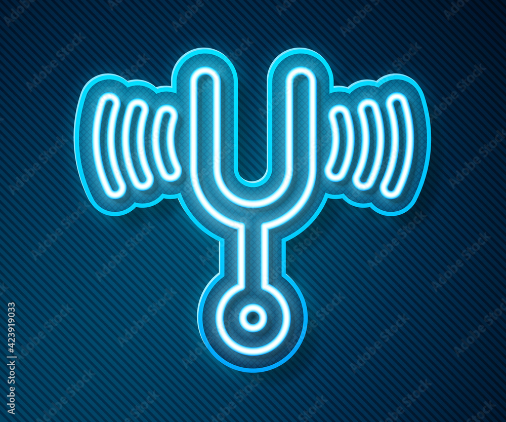Poster glowing neon line musical tuning fork for tuning musical instruments icon isolated on blue backgroun