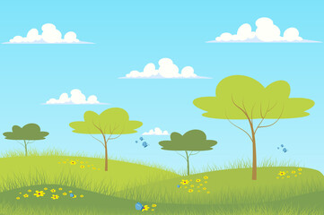 Spring green meadow landscape background in flat cartoon style. Garden trees, blue sky, green grass pasture fields, butterflies fly over wild flowers. Nature scenery. Vector illustration of web banner