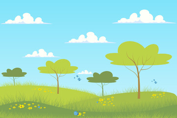 Fototapeta premium Spring green meadow landscape background in flat cartoon style. Garden trees, blue sky, green grass pasture fields, butterflies fly over wild flowers. Nature scenery. Vector illustration of web banner