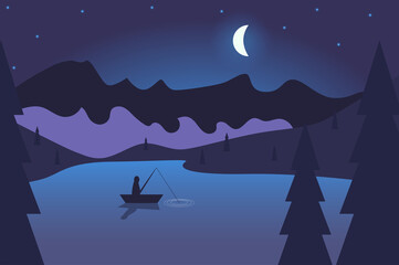 Fisherman in boat in lake among mountains landscape background in flat cartoon style. Moon in sky over rocky peaks, hills with forests. Abstract nature scenery. Vector illustration of web banner