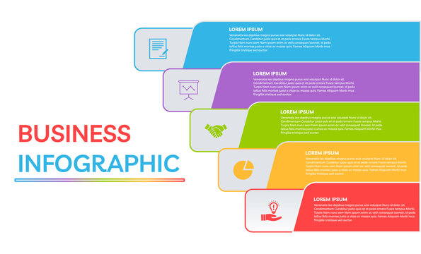 Infographic in horizontal bar surface with icons for writing, communication, pie chart, idea, presentation in five steps in pink, red, yellow, green , violet, blue color