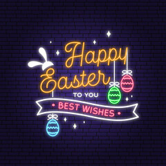 Obraz na płótnie Canvas Happy Easter neon card, badge, logo, sign. Vector. Typography neon design with easter rabbit and hand eggs. Modern minimal style. For poster, greeting card, overlay, sticker
