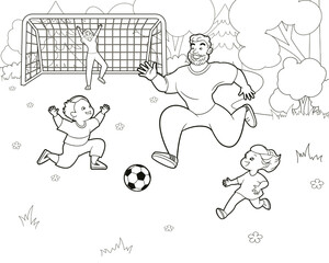 Coloring book:happy family playing football on the lawn among the trees.Mother, father, daughter and son are having fun kicking the ball.Vector illustration in cartoon style, black and white line art