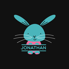 Happy Easter split colorful monogram badge design with rabbit boy and blank space for the name. Stock vector typography silhouette label isolated