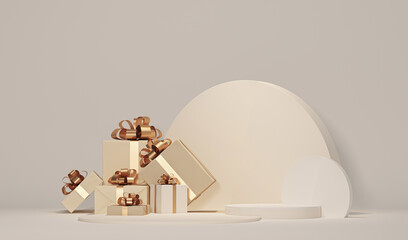 3D white gift box with golden ribbon on pastel cream beige background. Flying present abstract commercial for woman. Creative realistic minimal gifts. Banner with copy space for text. 3d render 