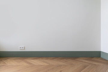 Fragment of classic interior with french herringbone parquet floor and installed wall outlet. White...