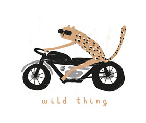 Wild Thing. Cute Vector Illustration with Cool Tiger Riding a Motorcycle. Wild Cat on a Motorbike Isolated on a White Background. Infantile Style Print ideal for Card, Wall Art, Poster.