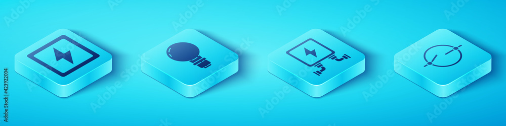 Poster set isometric lightning bolt, light bulb with concept of idea, electric circuit scheme and electric 