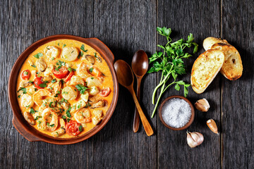 seafood saute in a bowl, top view