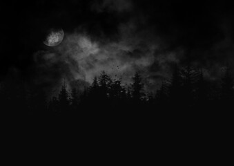 Fototapeta na wymiar 雲に隠れそうな月が少し見える風が吹く嵐の夜のモノクロイラスト