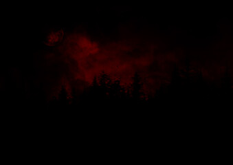 雲に隠れそうな月が少し見える風が吹く嵐の夜の赤いイラスト