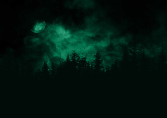 雲に隠れそうな月が少し見える風が吹く嵐の夜の緑のイラスト
