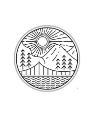 view of the bridge and mountains at the day in mono line art, patch badge vector, Tee T-shirt Design