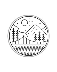 view of the bridge and mountains at night in mono line art, patch badge vector, Tee T-shirt Design