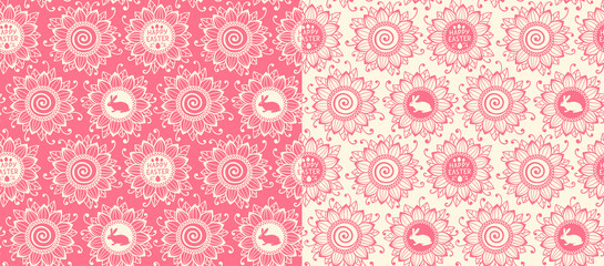Pink Sunflowers and Bunny, Easter eggs seamless pattern. Vector illustration for wrapping paper, fabric,cloth.