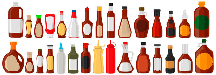 Illustration on theme big kit varied glass bottles filled liquid sauce ketchup