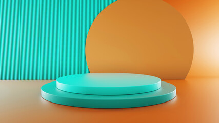 Abstract stage layout in orange and turquoise colors. Geometric shape of the podium background for the product.