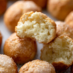 Fresh baked goods, sweet donuts sprinkled with sugar. round bun made of fluffy dough, broken in half, closeup. Sweet pastries for breakfast or lunch. Food background. Soft focus.