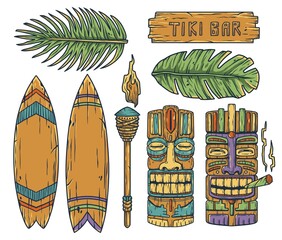 Set of trendy hawaii wooden tiki mask with joint for surfing bar. Traditional ethnic idol and surf of hawaiian, maori or polynesian. Old tribal totem torch - obrazy, fototapety, plakaty
