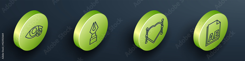Poster set isometric red eye effect, fountain pen nib, heart with bezier curve and ae file document icon. v