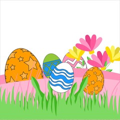 New Happy Easter Template, Easter Eggs Illustration, Multi-Color Easter Eggs Happy Easter Vector, Illustration of Happy Easter eggs With Flower & Grass Vector, New Easter Eggs Multi-Color Design.