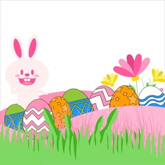 Happy Easter Template, Easter Eggs & Bunny Illustration, Multi-Color Easter Eggs With Easter Bunny Vector, Illustration of Happy Easter eggs With Flower & Grass Vector, Easter Eggs Multi-Color Design.