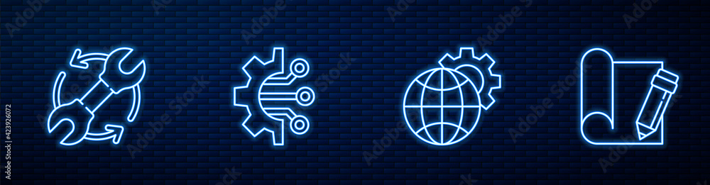 Poster set line globe of the earth and gear, wrench arrows as workflow, algorithm and graphing paper pencil