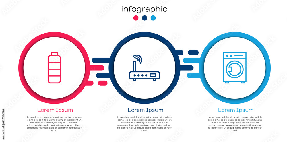 Poster set line battery charge level indicator, router and wi-fi signal and washer. business infographic te