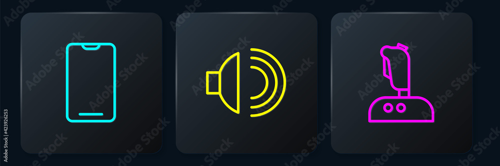Poster set line smartphone, mobile phone, joystick for arcade machine and speaker volume. black square butt