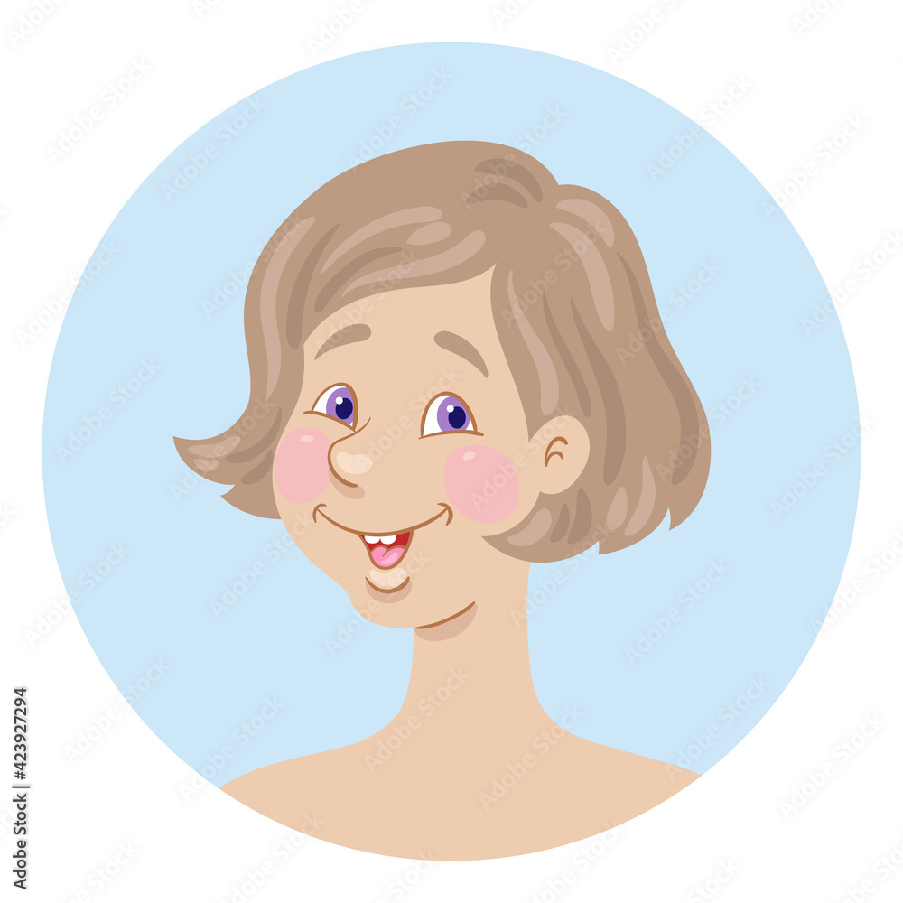 Poster Avatar icon of a happy young girl with short hair. In the blue circle. In cartoon style. Isolated on white background. Vector flat illustration