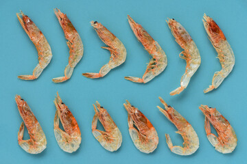 Dried sakura shrimp on light blue background.