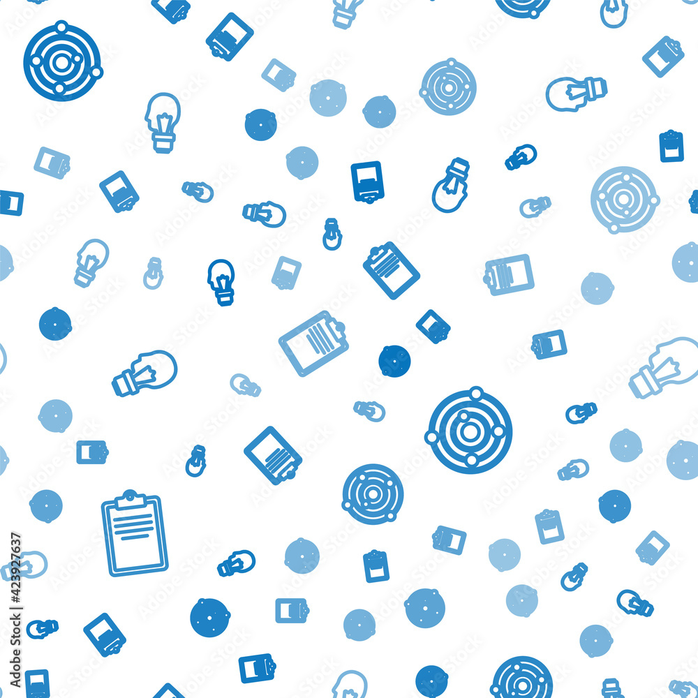 Poster set line clipboard with checklist, solar system and light bulb concept of idea on seamless pattern. 